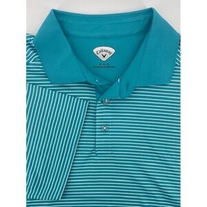 Callaway Polo Shirt Men XL Turquoise White Striped Short Sleeve Golf Performance